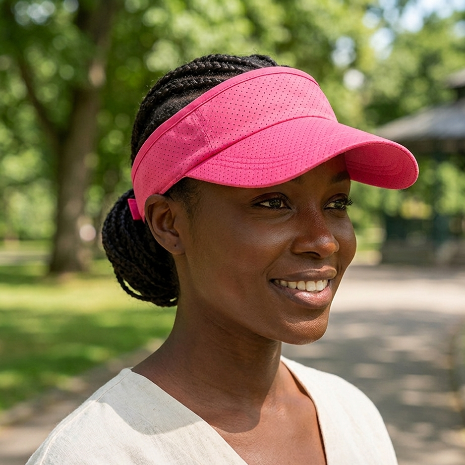 A woman wearing a bright pink athletic visor and a white top, photographed outdoors in a sunny park with blurred green trees and a path in the background.