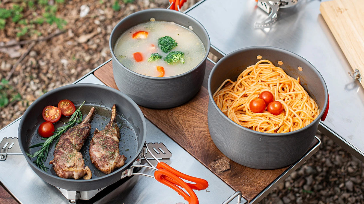 Camping Cookware - Compact and Folding anodized aluminum cookware set