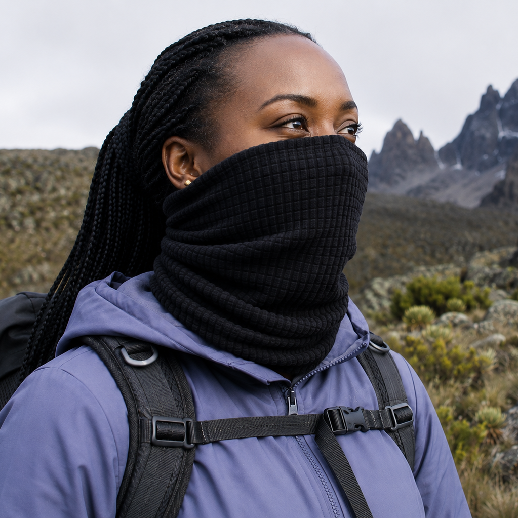 A woman in a purple hiking jacket and black neck gaiter stands outdoors in a mountainous, rocky landscape, looking off-camera.