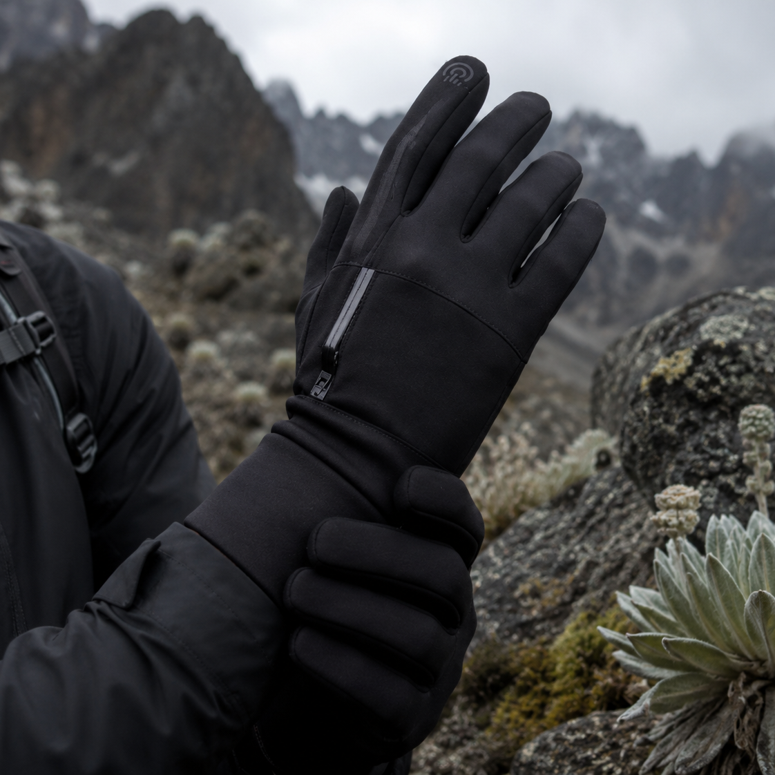 A person wearing a black outdoor glove on one hand, with the other hand adjusting the cuff, set against a rugged mountain landscape with rocks and a pale flowering plant.