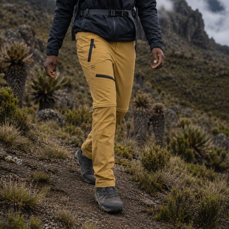 A woman hiking on a mountain trail wearing mustard yellow technical pants, a black jacket, and a black backpack, with rocky vegetation and cloudy skies in the background.