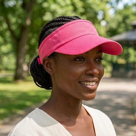 A woman wearing a bright pink athletic visor and a white top, photographed outdoors in a sunny park with blurred green trees and a path in the background.