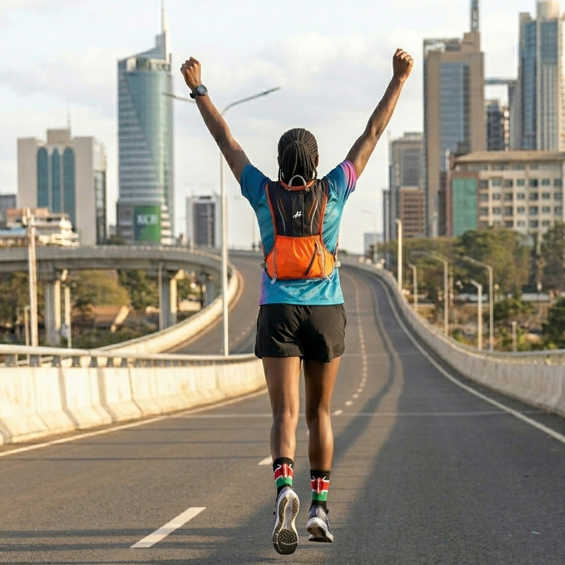 Person running on a road with city skyline in the background