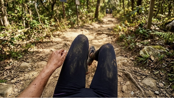 A first-person view of someone lying on a dirt trail in a dense forest, wearing dark pants and sneakers, with trail signs and green trees in the background.