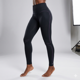 Black leggings with purple accents on a white background