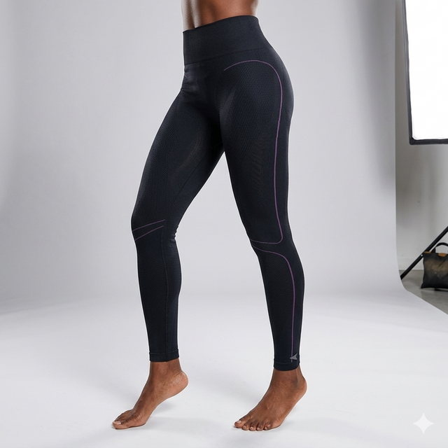 Black leggings with purple accents on a white background
