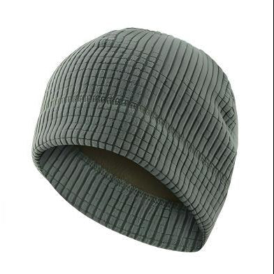 A gray ribbed knit balaclava face mask set shown on a white background, with a large front view featuring a flame graphic over the lower left, a smaller top-down view at upper right, and a folded view at lower right separated by a plus sign.