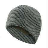 A gray ribbed knit balaclava face mask set shown on a white background, with a large front view featuring a flame graphic over the lower left, a smaller top-down view at upper right, and a folded view at lower right separated by a plus sign.