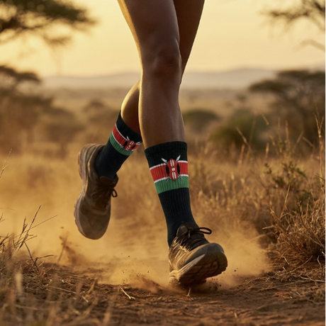 Person wearing kenya socks running on a dirt path in a natural landscape with scenic background
