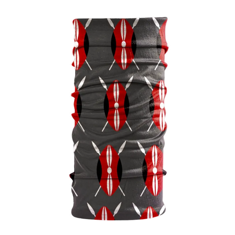 A tubular bandana with the design of the Kenya flag wrapped around a cylindrical object, displaying red, black, and green colors with a white shield symbol.