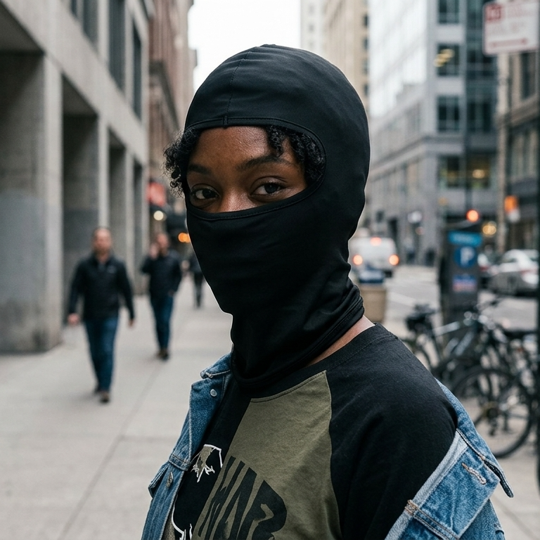 A person standing on a city sidewalk wearing a black full-face balaclava mask and a black-and-blue raglan shirt, with bicycles and urban buildings in the background.