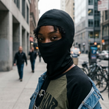 A person standing on a city sidewalk wearing a black full-face balaclava mask and a black-and-blue raglan shirt, with bicycles and urban buildings in the background.