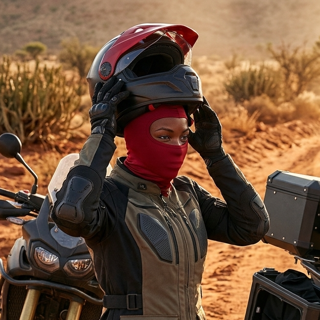 Two motorcyclists pause on a dusty dirt road in a desert setting. The rider on the left adjusts a red and black helmet with a red balaclava, while the rider on the right wipes a black motorcycle with a blue cloth.