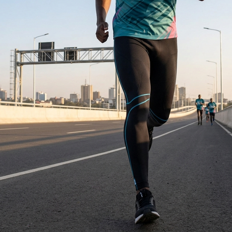 Person running on a road with a cityscape in the background