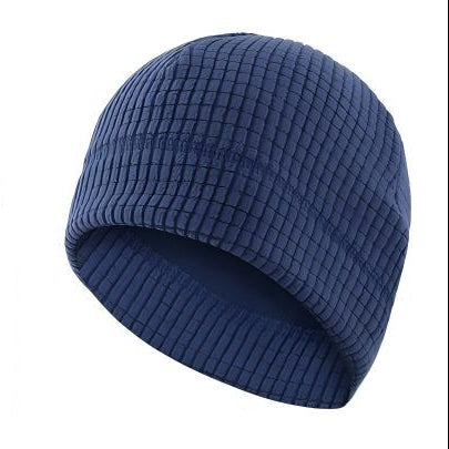 A dark blue waffle-knit balaclava face mask set shown on a white background, with two views of the hat and a folded neck gaiter, plus a flame graphic over the mask area to suggest warmth.
