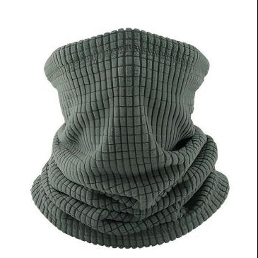 A gray ribbed knit balaclava face mask set shown on a white background, with a large front view featuring a flame graphic over the lower left, a smaller top-down view at upper right, and a folded view at lower right separated by a plus sign.