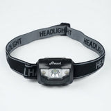 A black and gray headlight with an adjustable elastic strap, featuring the brand name 'Hauvi' printed on the front of the light housing and 'HEADLIGHT' repeated on the strap.