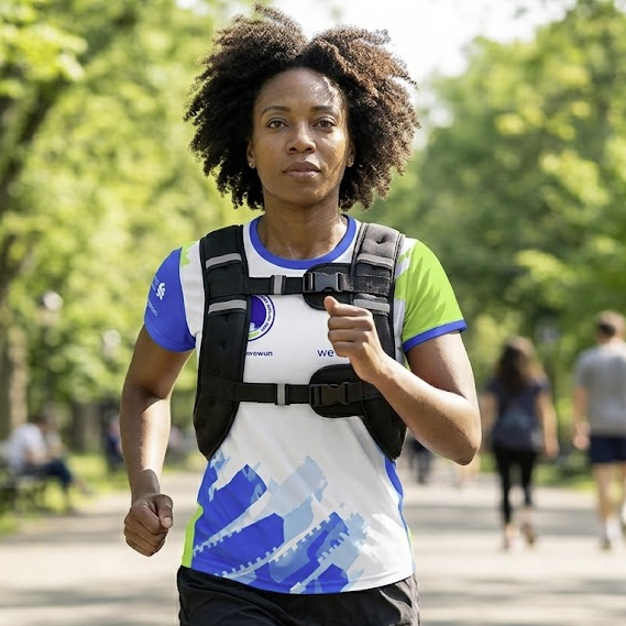 A woman jogging outdoors on a tree-lined path wearing a white, blue, and green athletic shirt with a black running backpack.